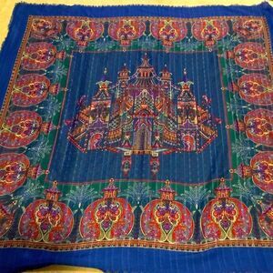 Vintage Square Blue & Red Scarf Shawl Head Cover 46 x 46" Fringed Oriental Vibes